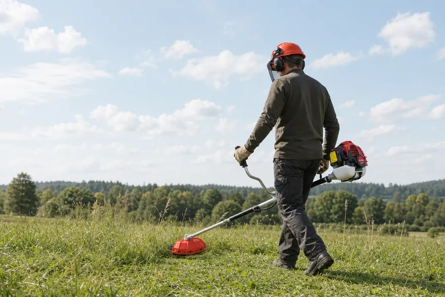 A worker wearing safety gear operates a grass cutter trimmer to mow tall grass in an open field under a blue sky