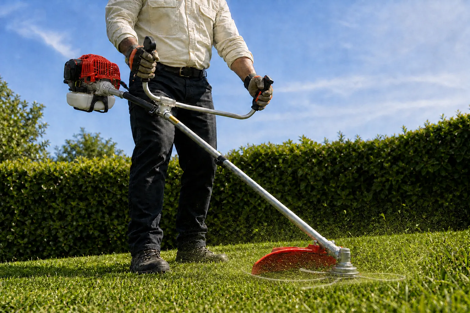 A worker operating a gas-powered string trimmer on a green lawn with a hedge in the background.