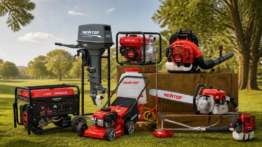 NEWTOP outdoor power equipment including generator, motor, mower, chainsaw, and blower on a sunny lawn.