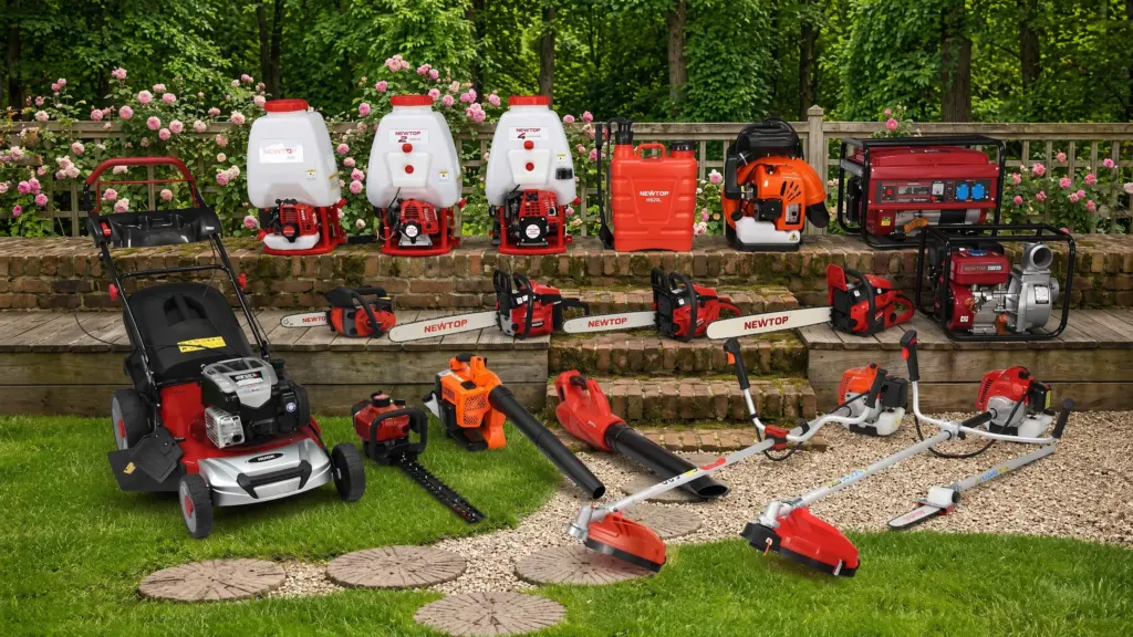 Collection of NEWTOP garden power equipment including lawnmower, motosierras, pulverizadores, leaf blower, and generator.