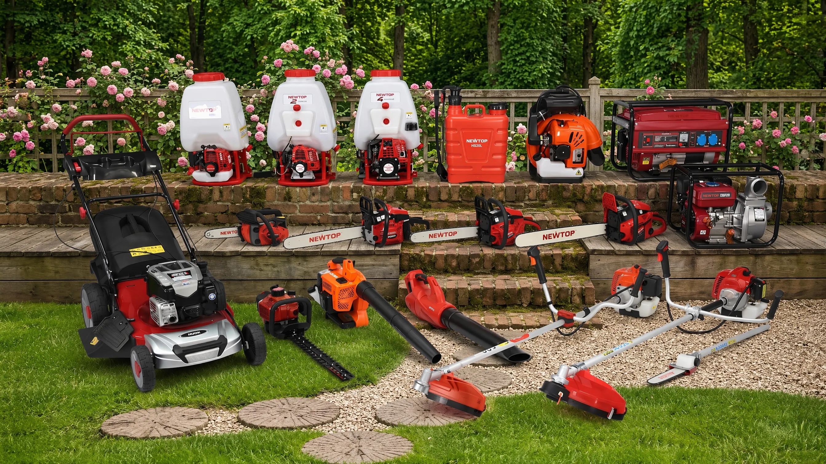 Collection of NEWTOP garden power equipment including lawnmower, chainsaws, sprayers, leaf blower, and generator.