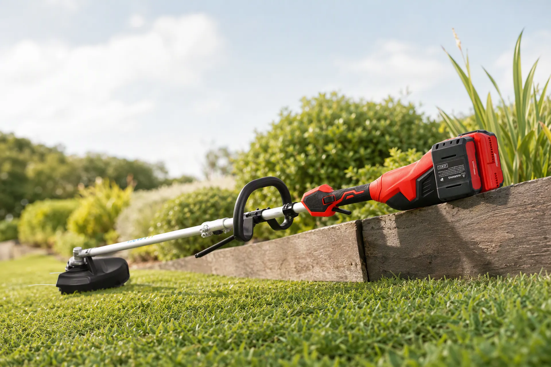 Red and black cordless string trimmer resting on wooden garden border next to green grass