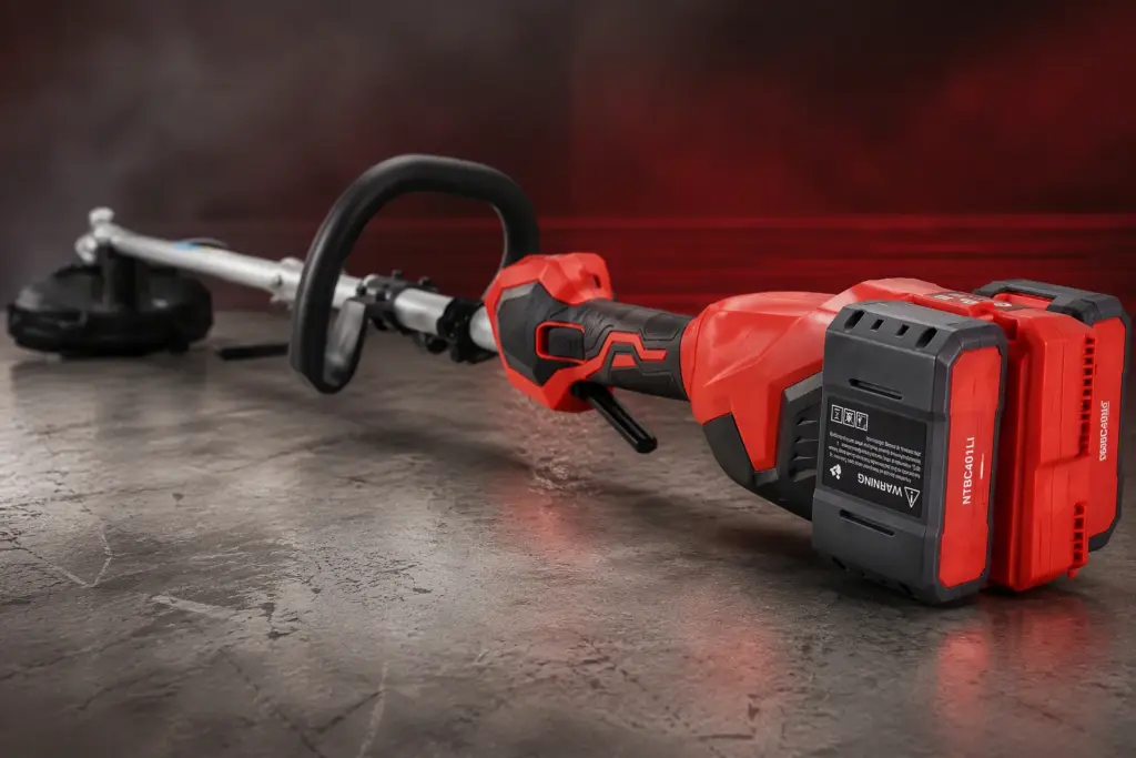 Red and black cordless string trimmer with dual batteries lying on a concrete floor.