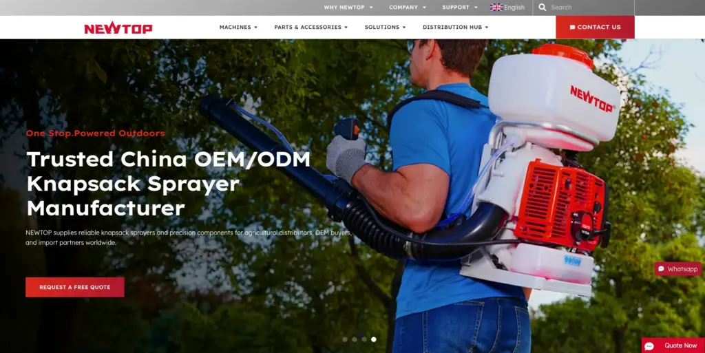 A worker wearing a NEWTOP knapsack sprayer on his back outdoors.