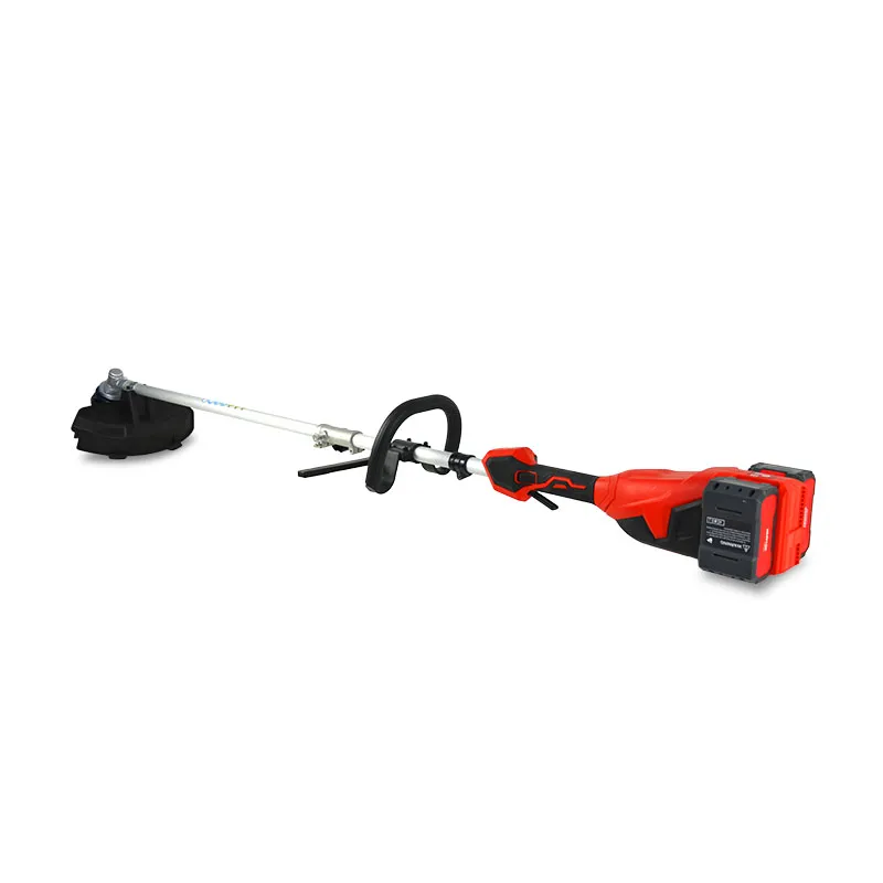 Red and black cordless string trimmer with battery pack